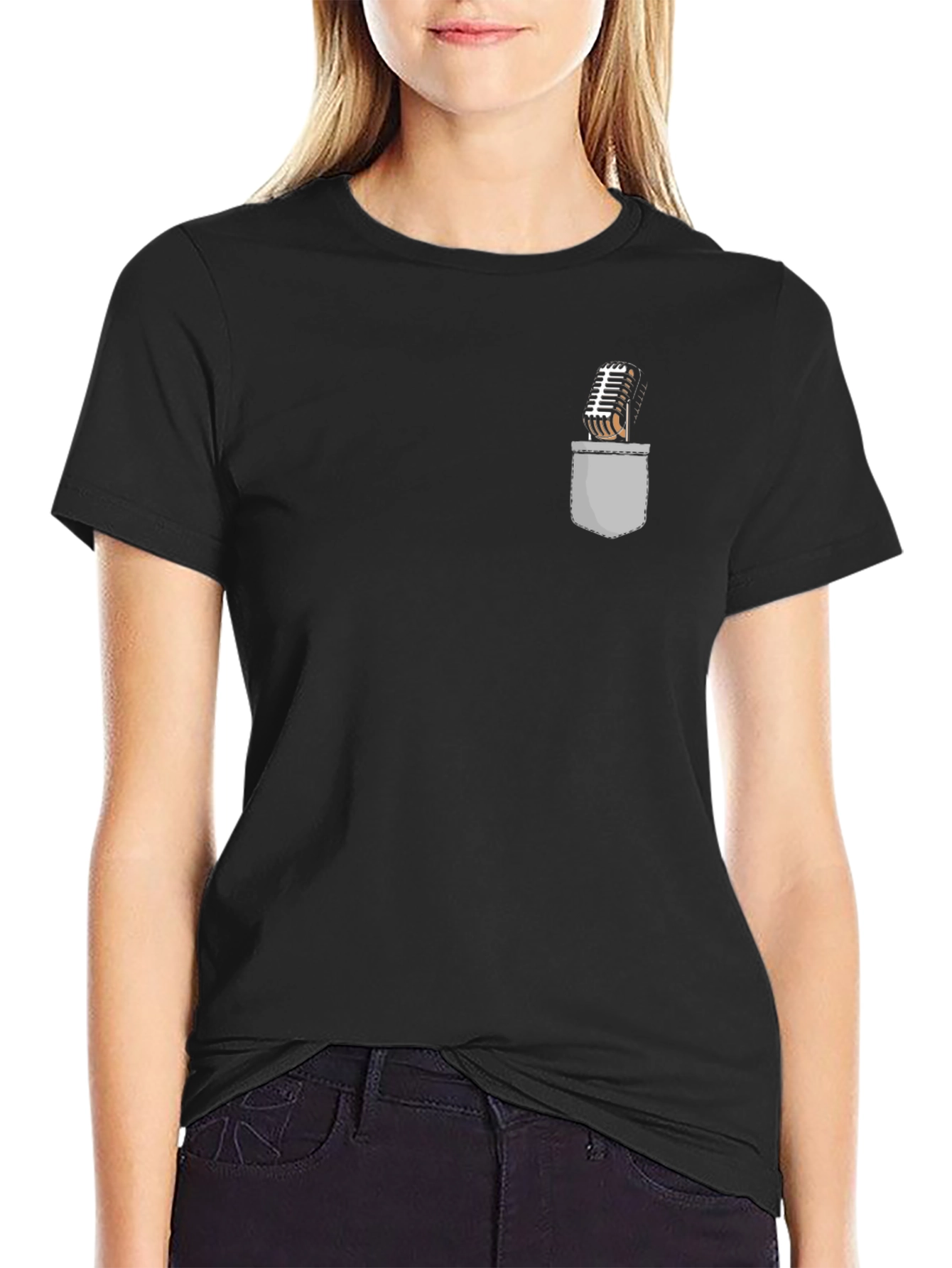 Retro Microphone Pocket Print Black T-Shirt