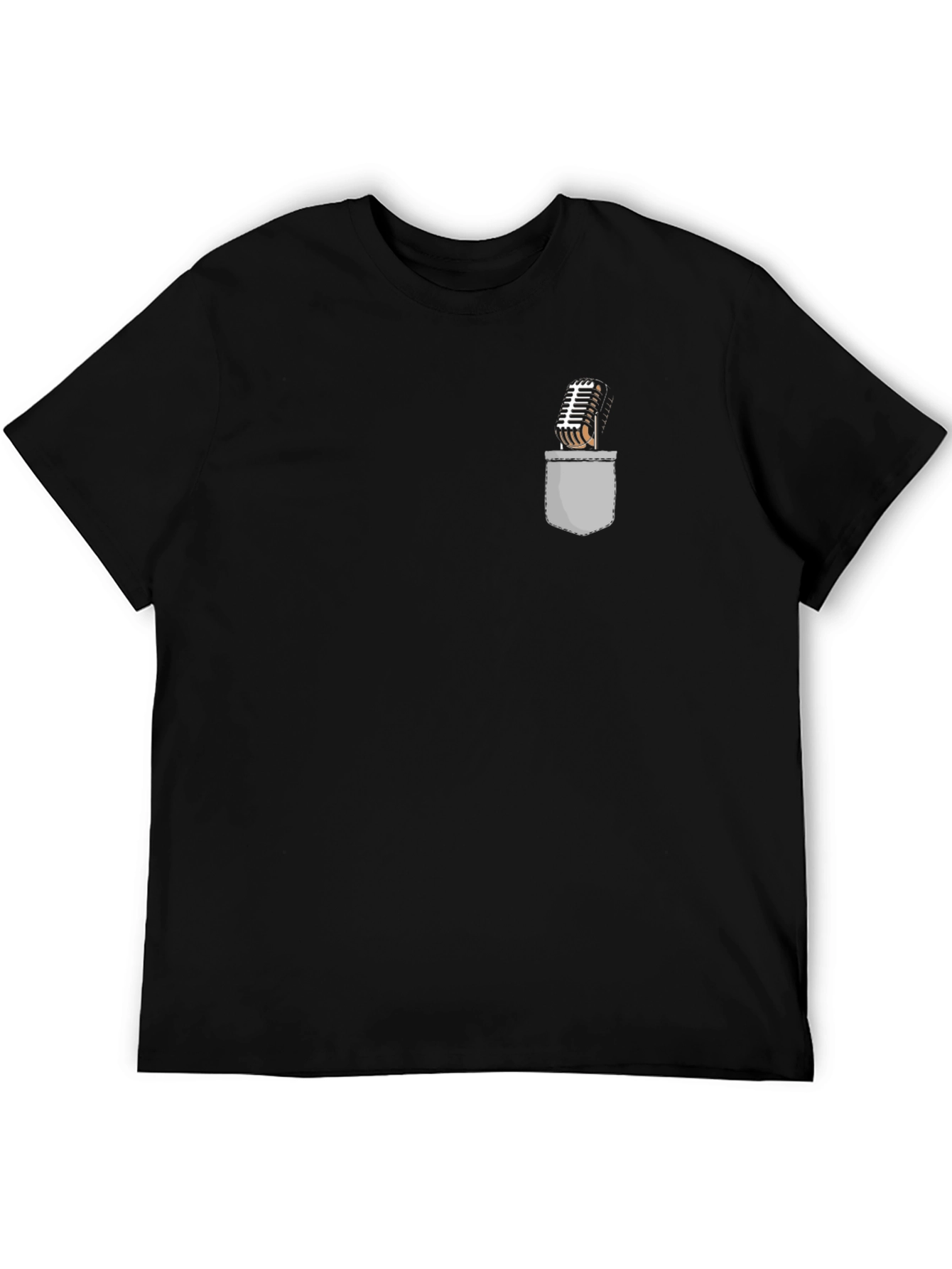 Retro Microphone Pocket Print Black T-Shirt