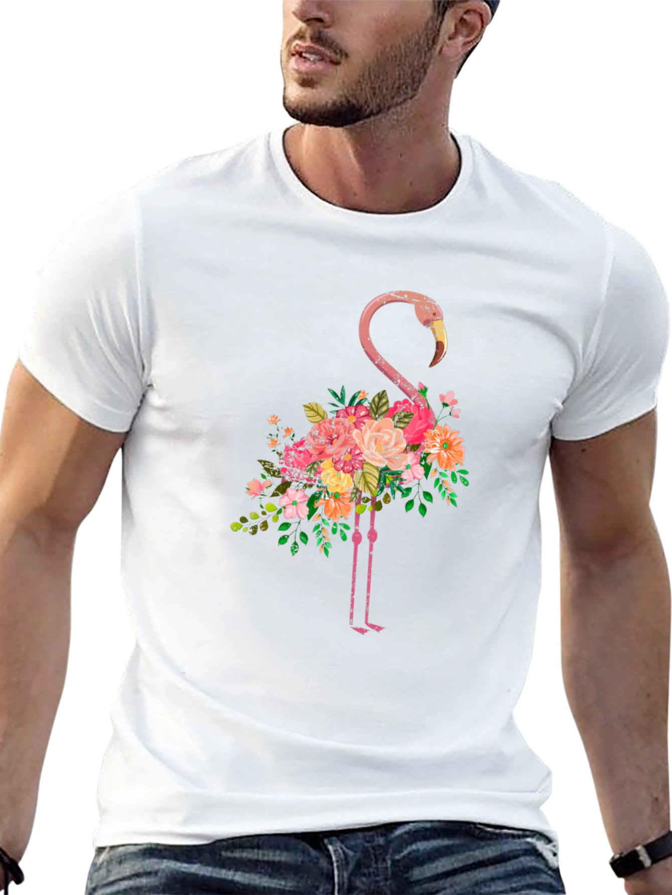 Floral Flamingo Graphic Tee - Black Cotton T-Shirt