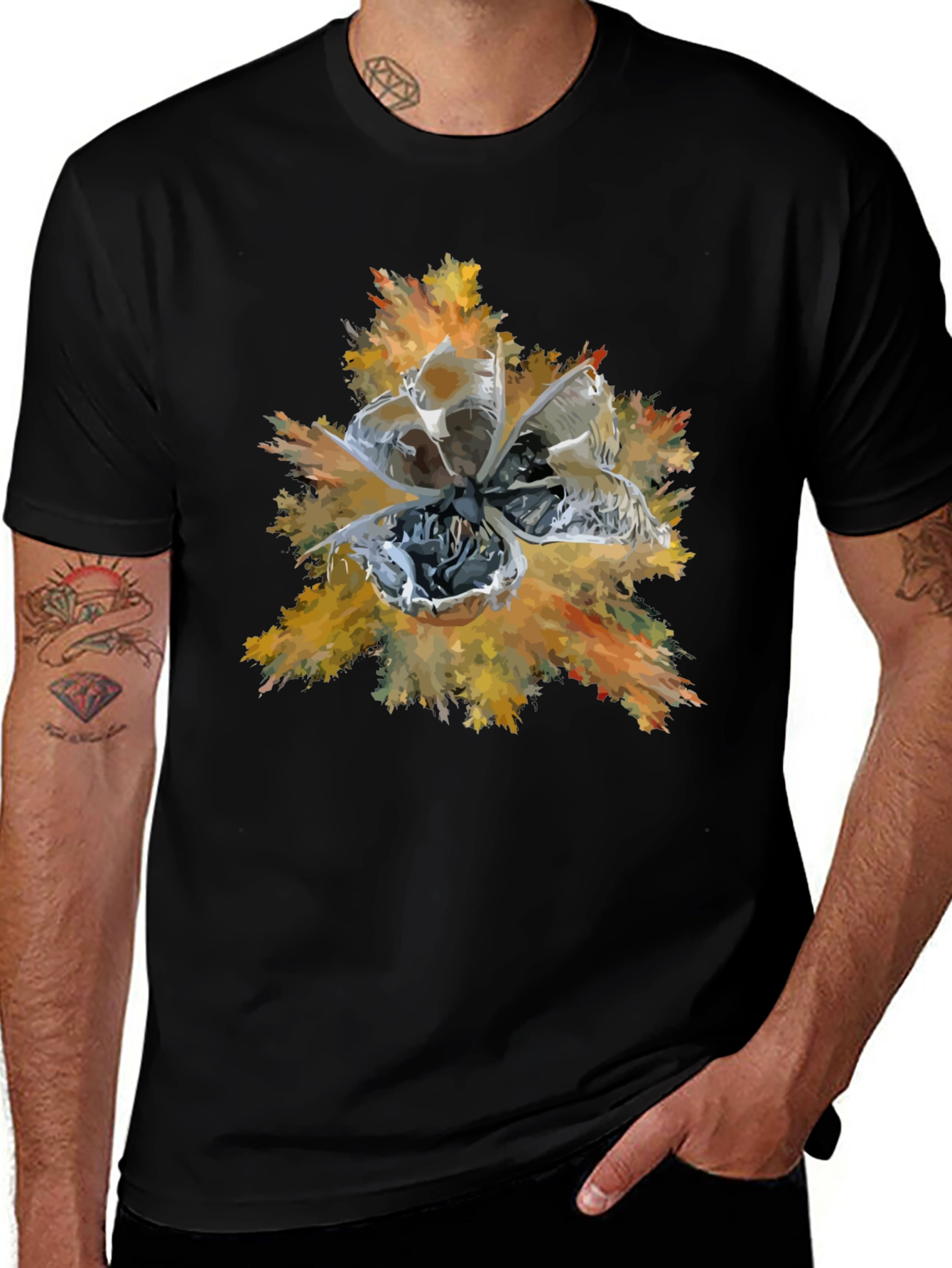 Abstract Floral Graphic Print Tee - Black