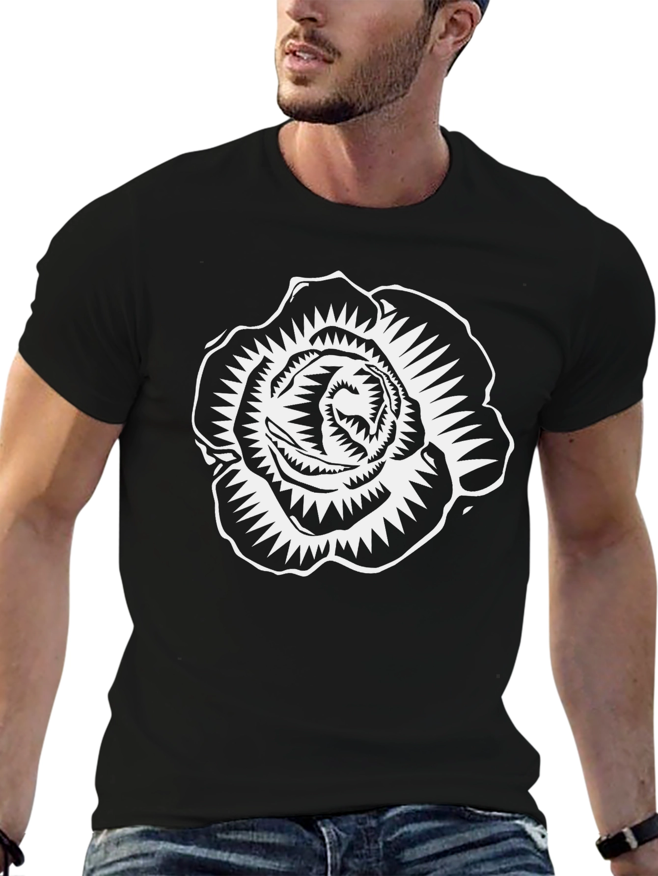 Black T-Shirt with White Rose Graphic