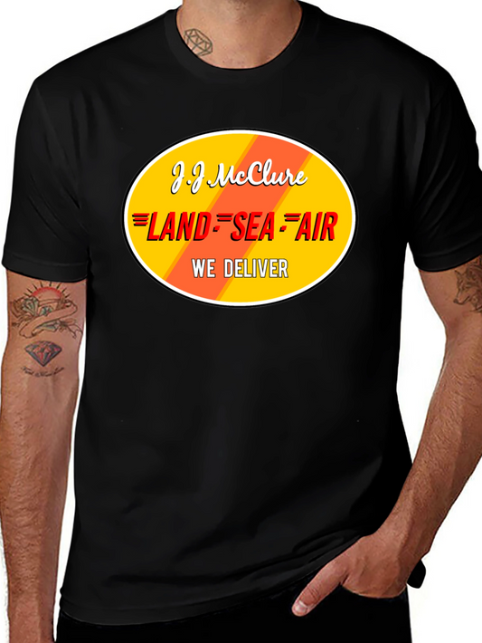 J.J. McClure Black Graphic T-Shirt - Land Sea Air Delivery