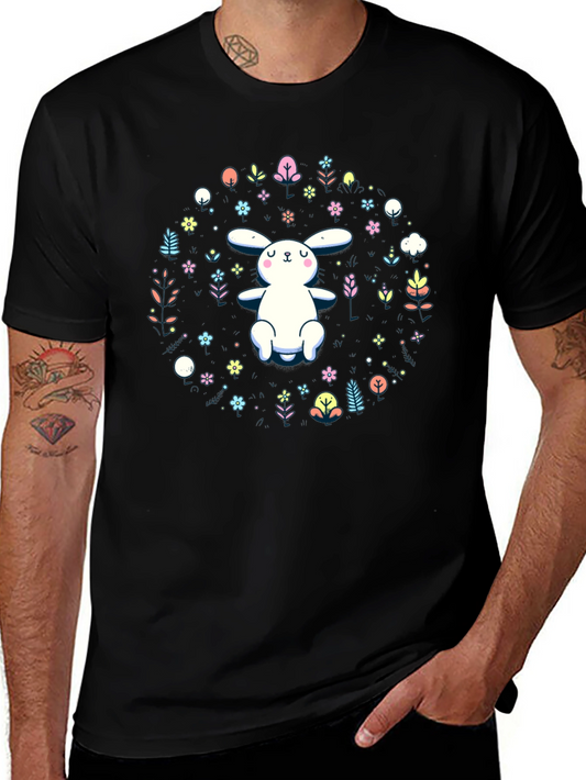 Cute Bunny & Floral Print Black T-Shirt