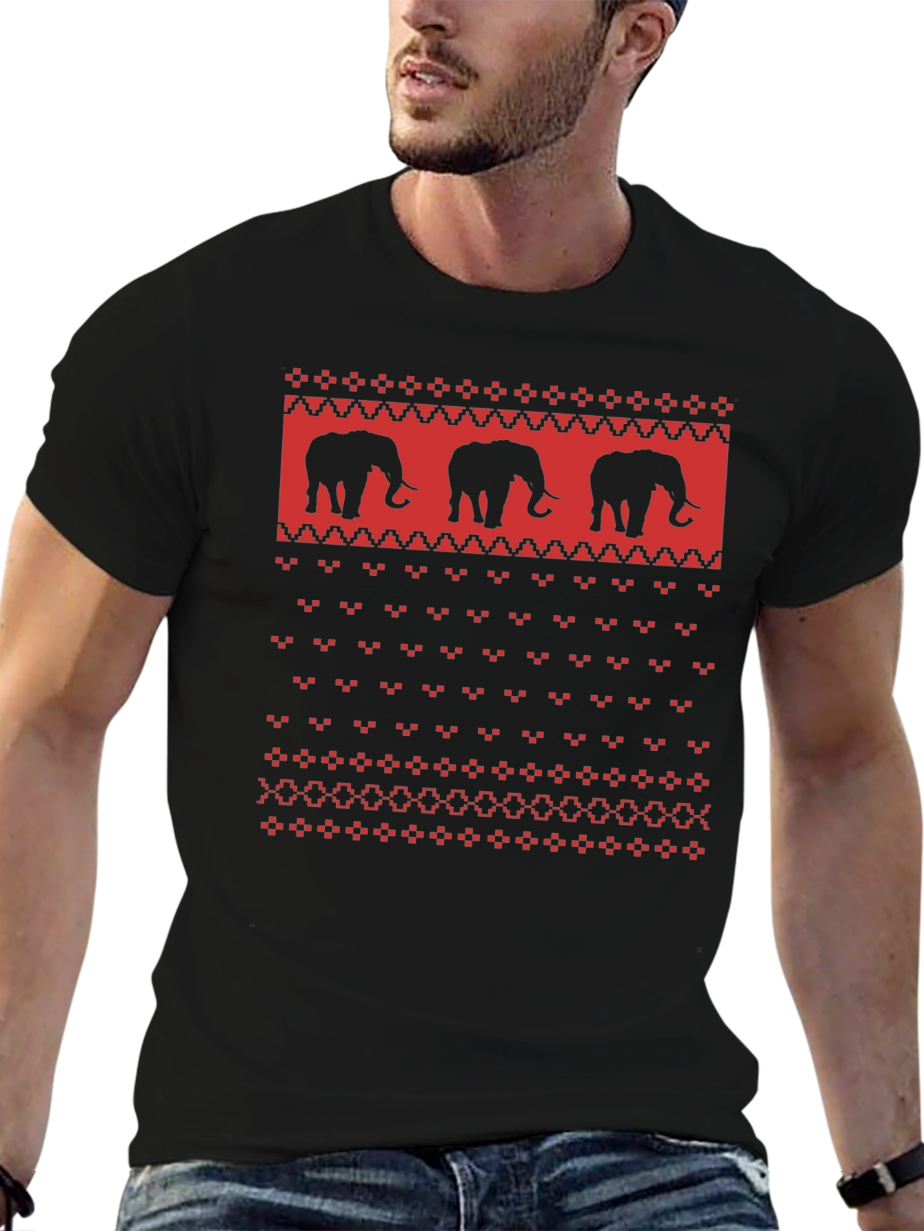 Elephant Sweater Pattern Black T-Shirt