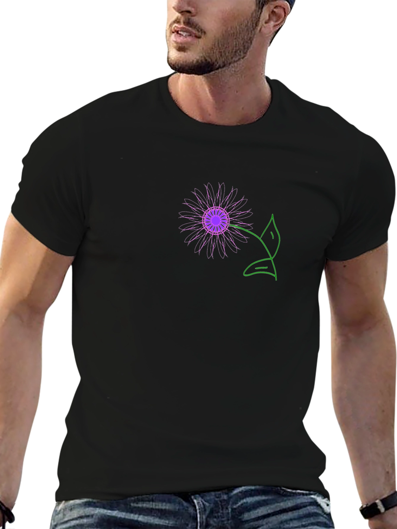 Black T-Shirt with Purple Flower Graphic