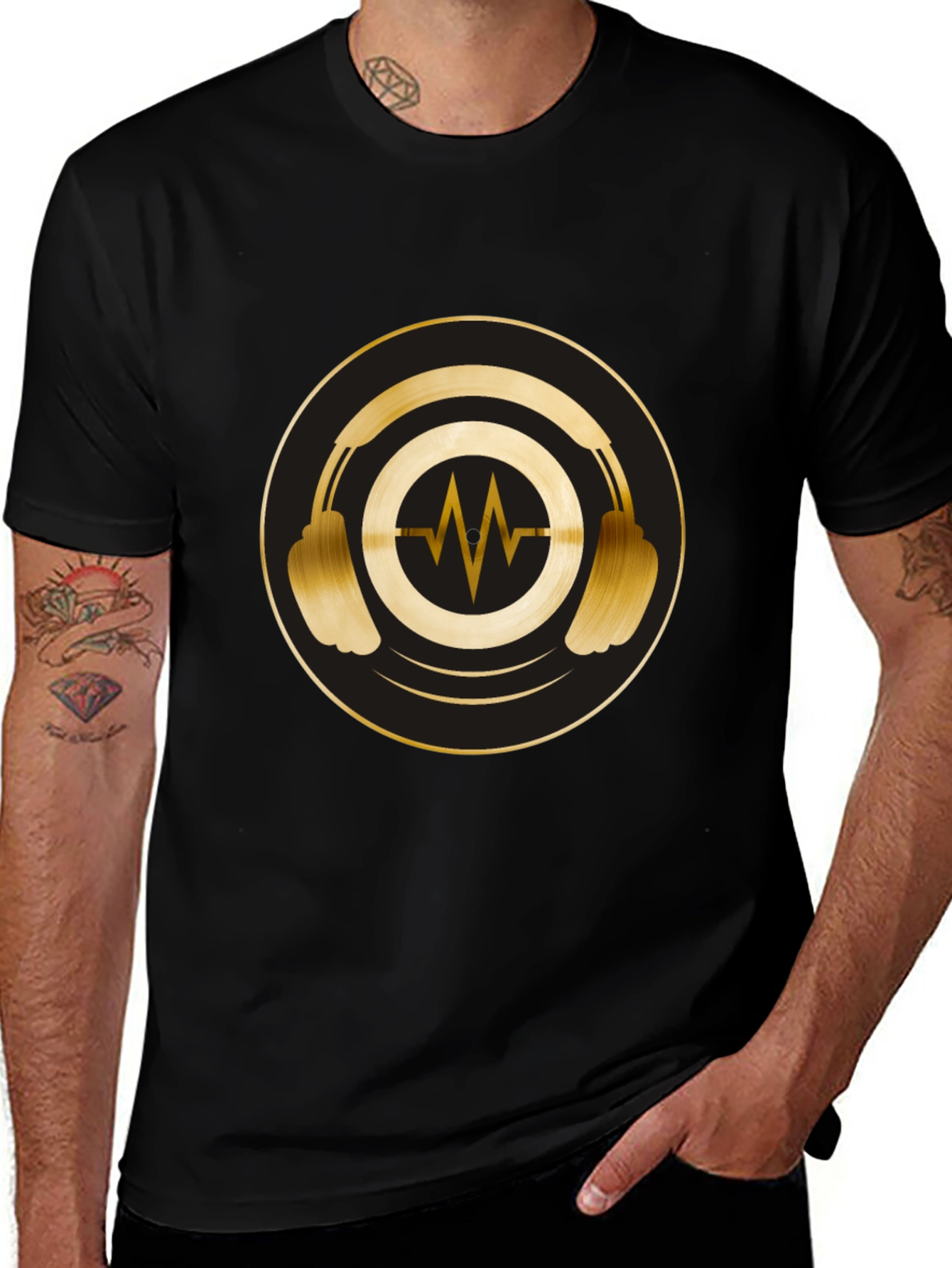 Gold Headphones Graphic Black Tee