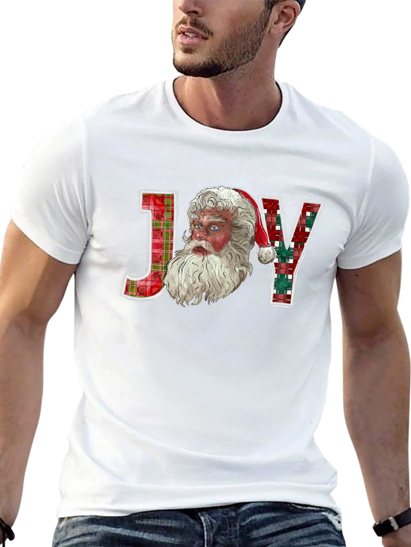 Joy Santa Plaid Christmas T-Shirt