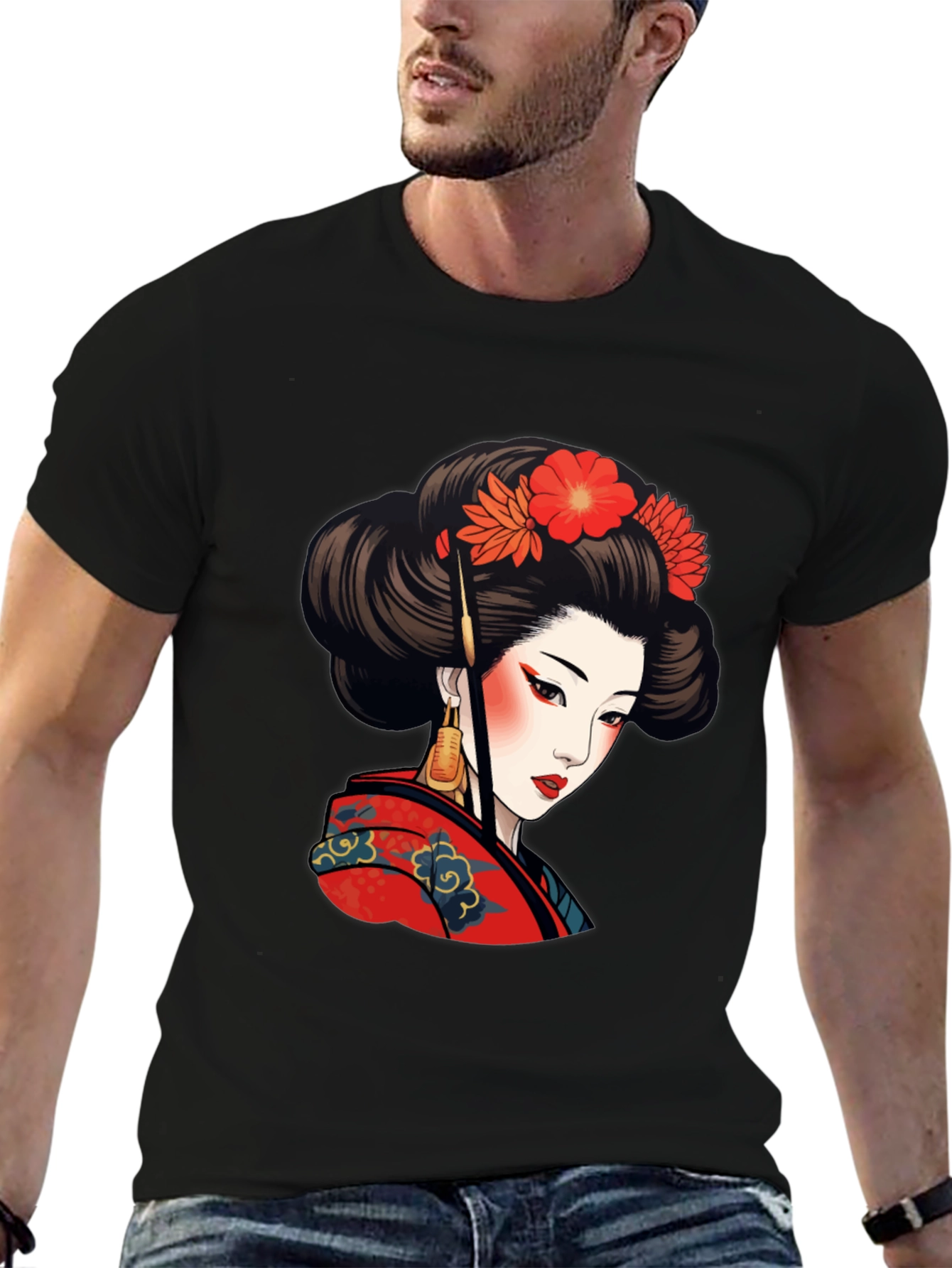 Geisha Art Graphic Tee - Stylish Black T-Shirt
