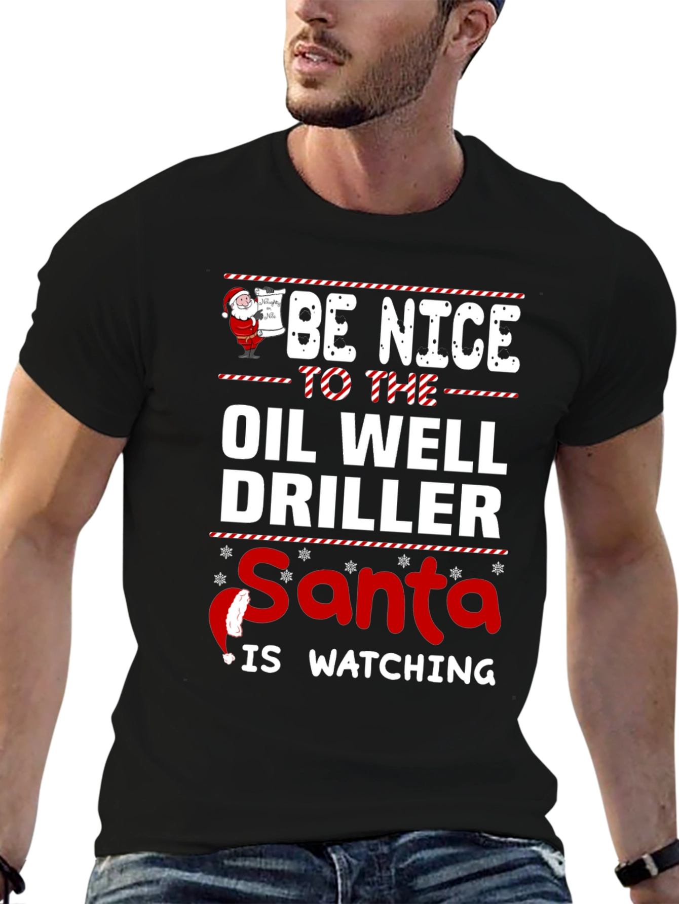 Funny Oil Well Driller Santa Watching Christmas T-Shirt