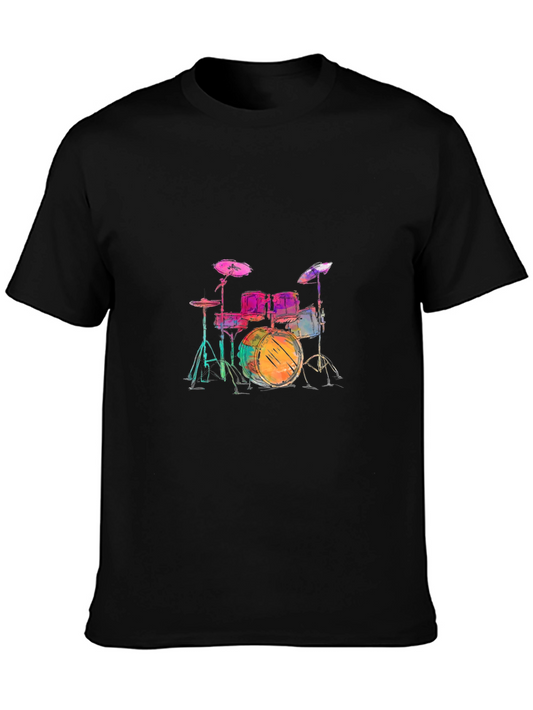 Colorful Drum Set Graphic Tee - Black Casual T-Shirt