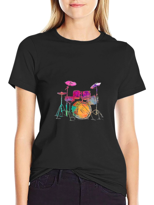 Colorful Drum Set Graphic Tee - Black Casual T-Shirt