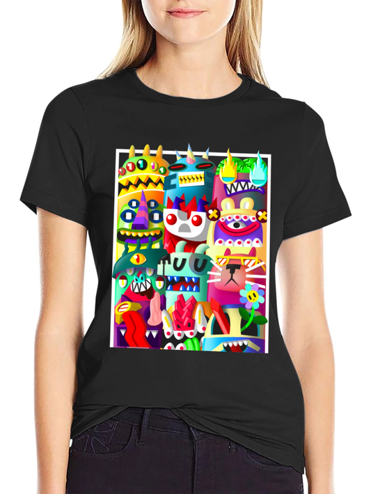 Colorful Cartoon Monster Graphic Print Black T-Shirt