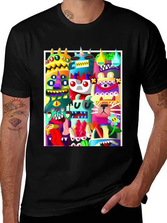 Colorful Cartoon Monster Graphic Print Black T-Shirt