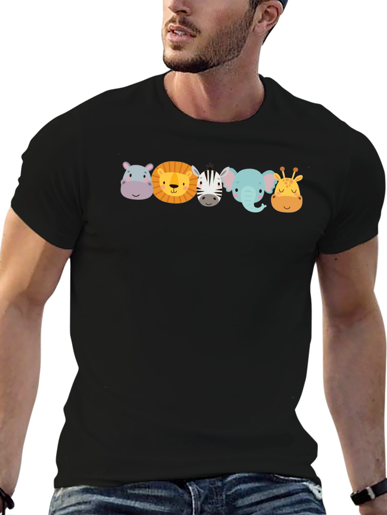 Cartoon Animal Faces Black T-Shirt