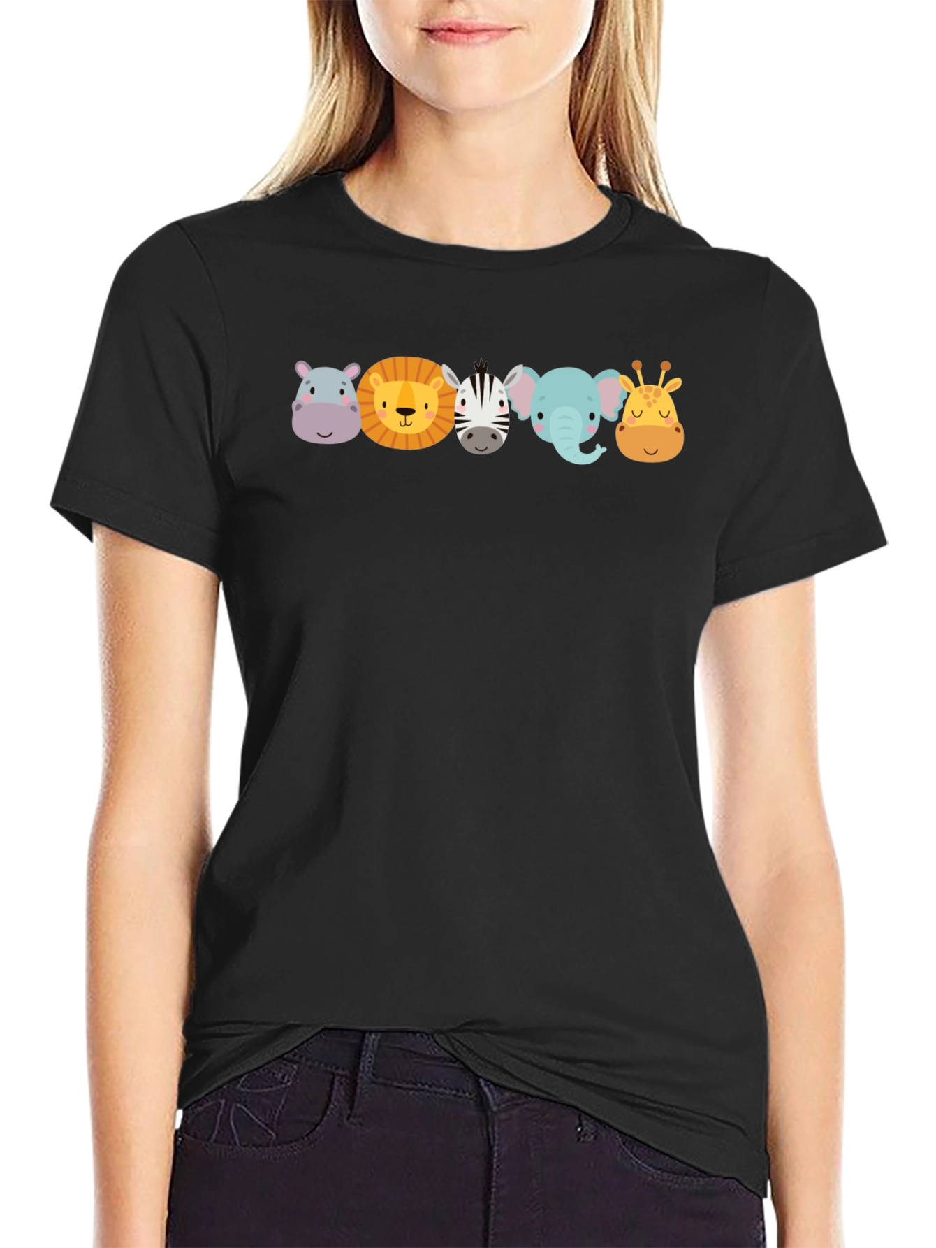 Cartoon Animal Faces Black T-Shirt