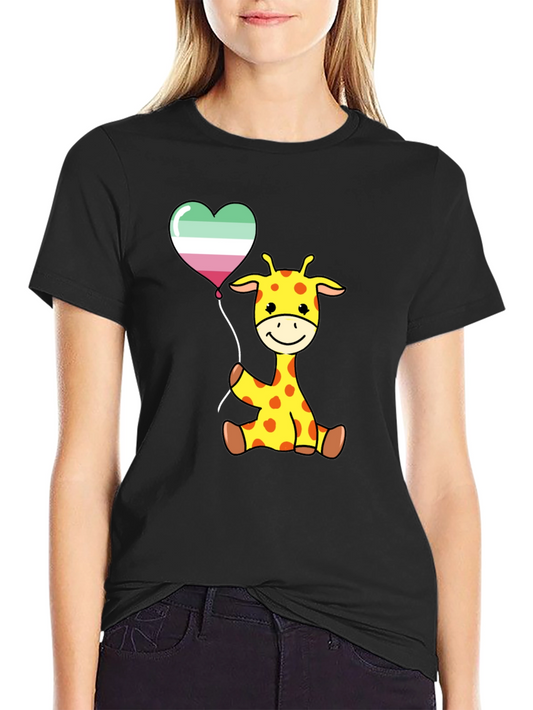 Cute Giraffe with Aro Balloon Black T-Shirt