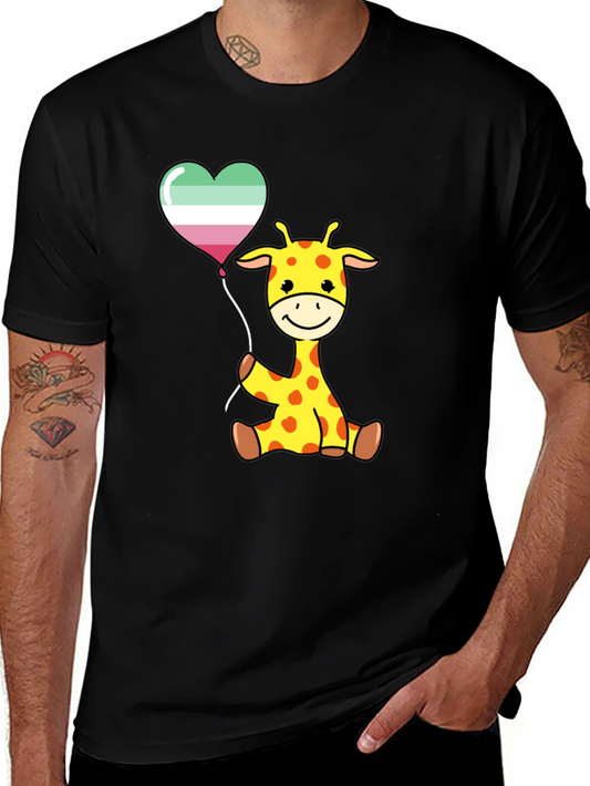Cute Giraffe with Aro Balloon Black T-Shirt