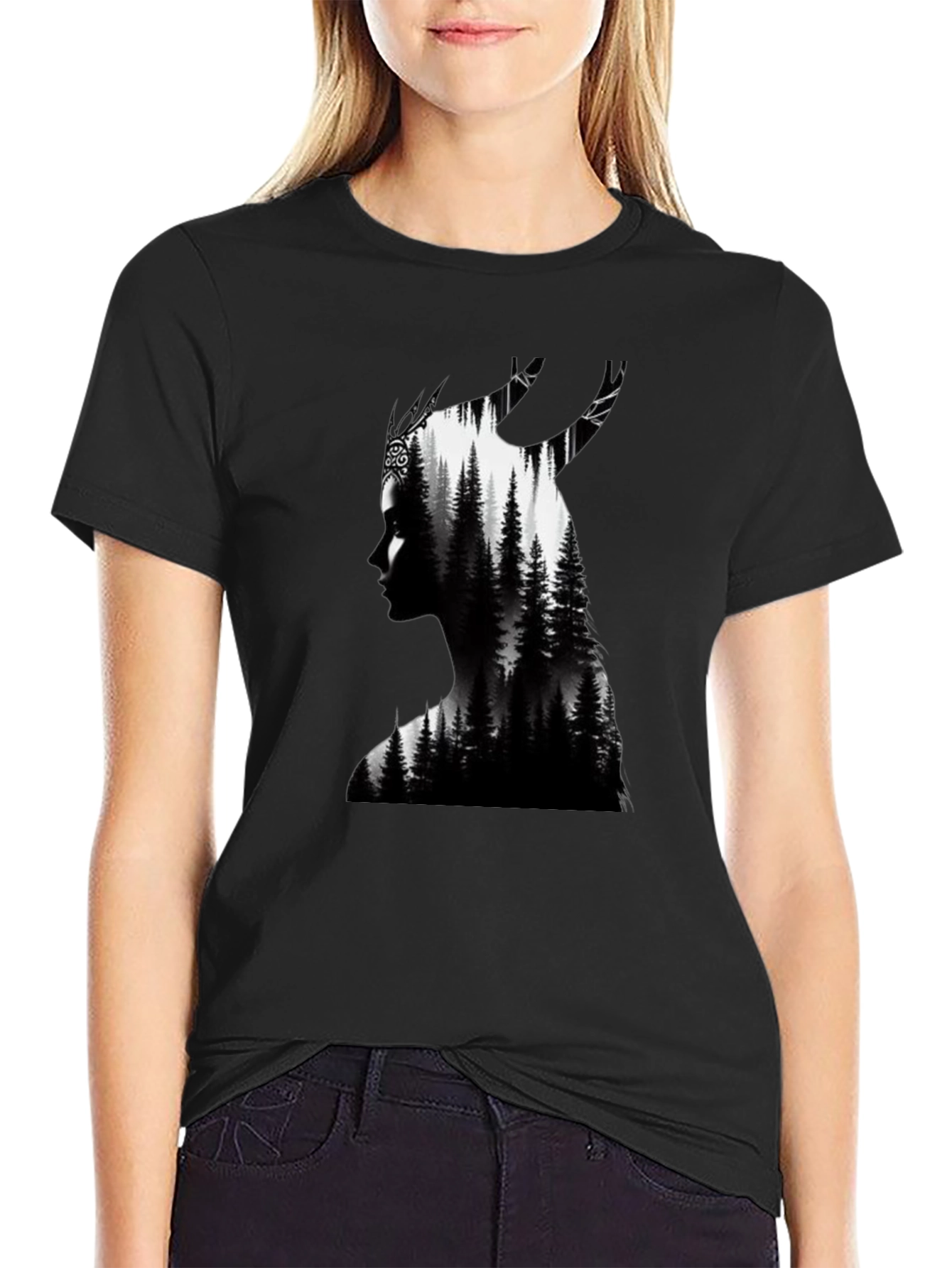 Nature Silhouette Graphic Tee - Black Cotton Blend