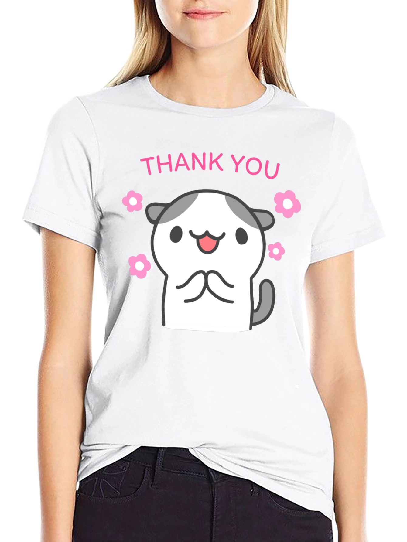 Cute Thank You Kitty Black T-Shirt