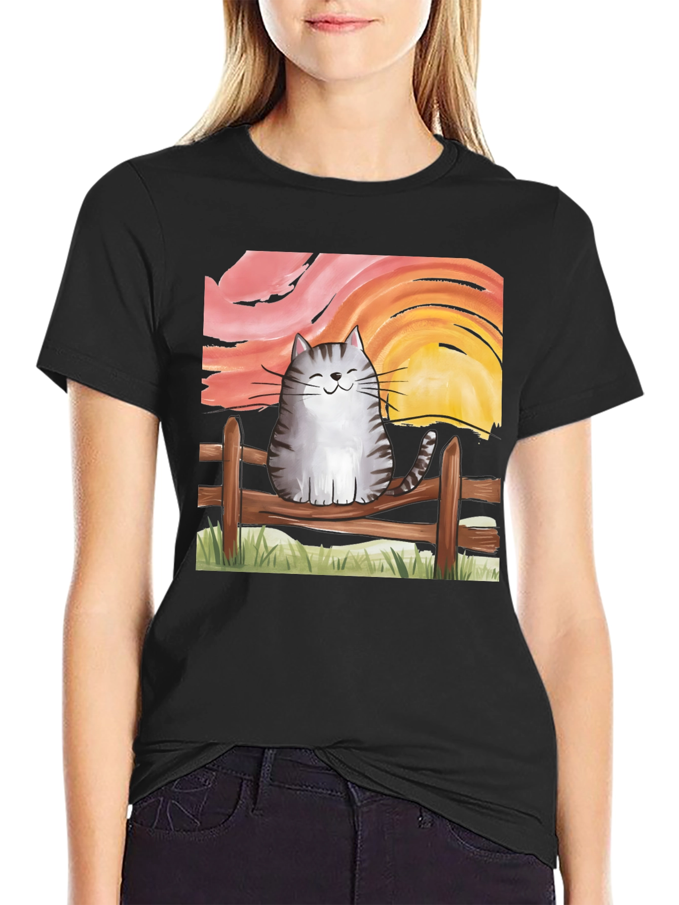Cat on Fence Sunset Graphic Tee