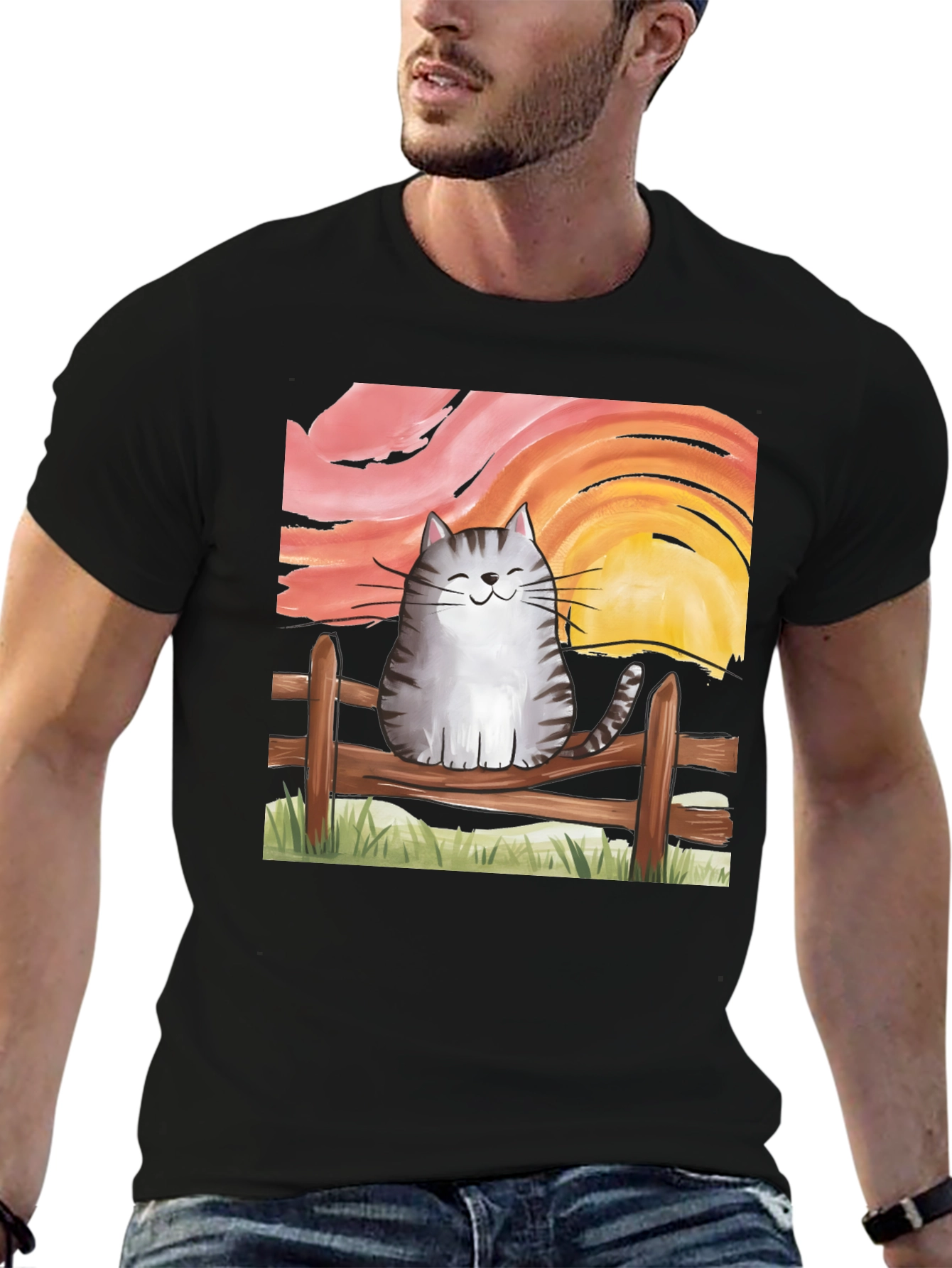 Cat on Fence Sunset Graphic Tee