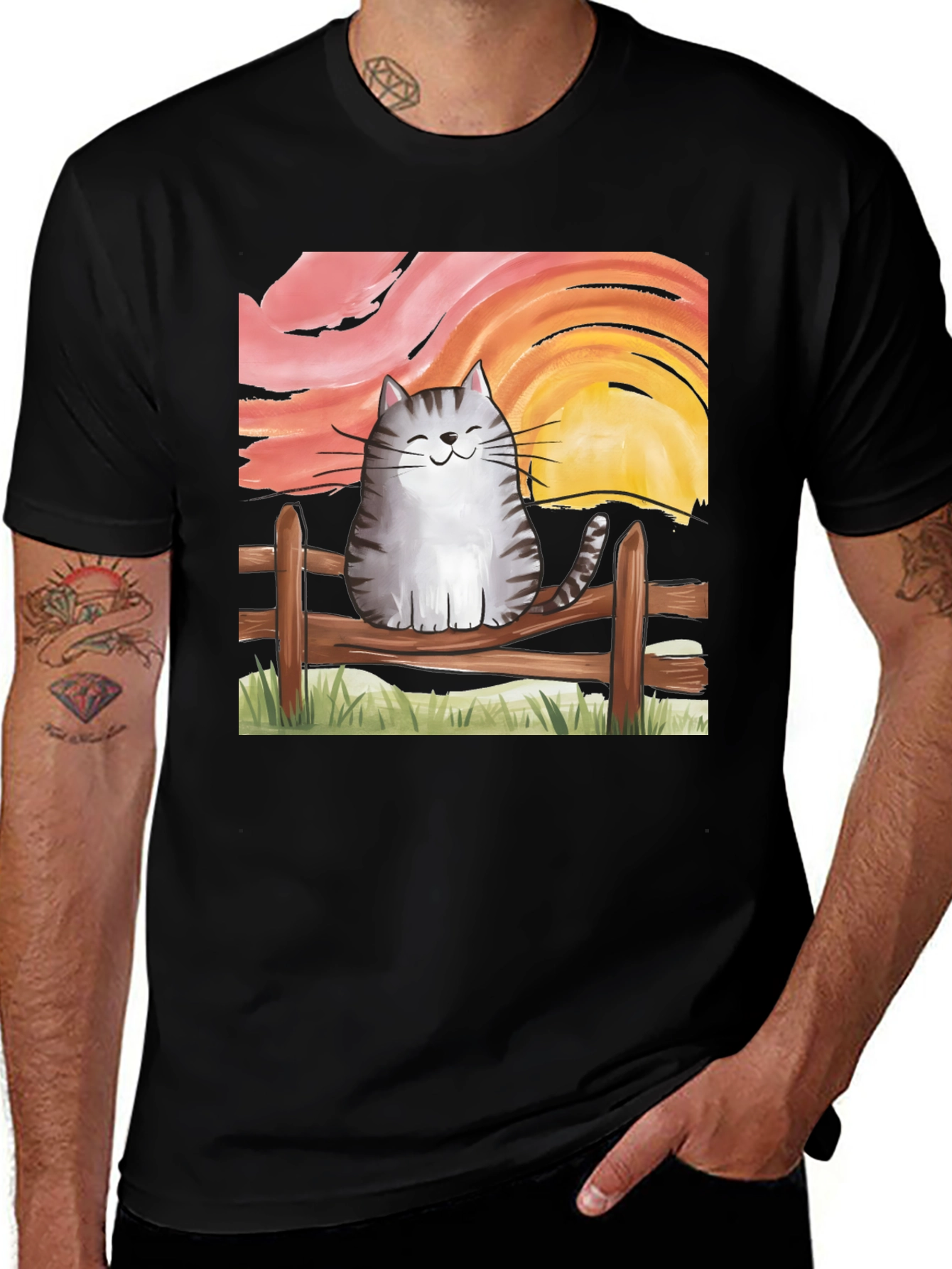 Cat on Fence Sunset Graphic Tee
