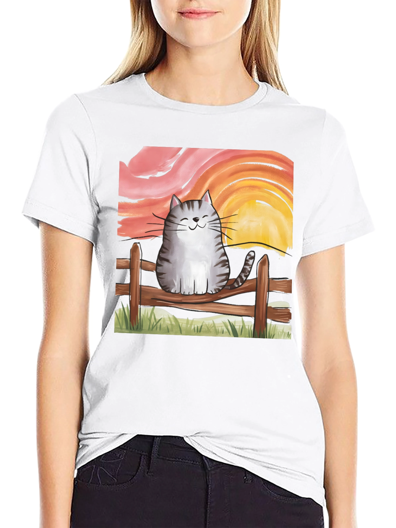 Cat on Fence Sunset Graphic Tee