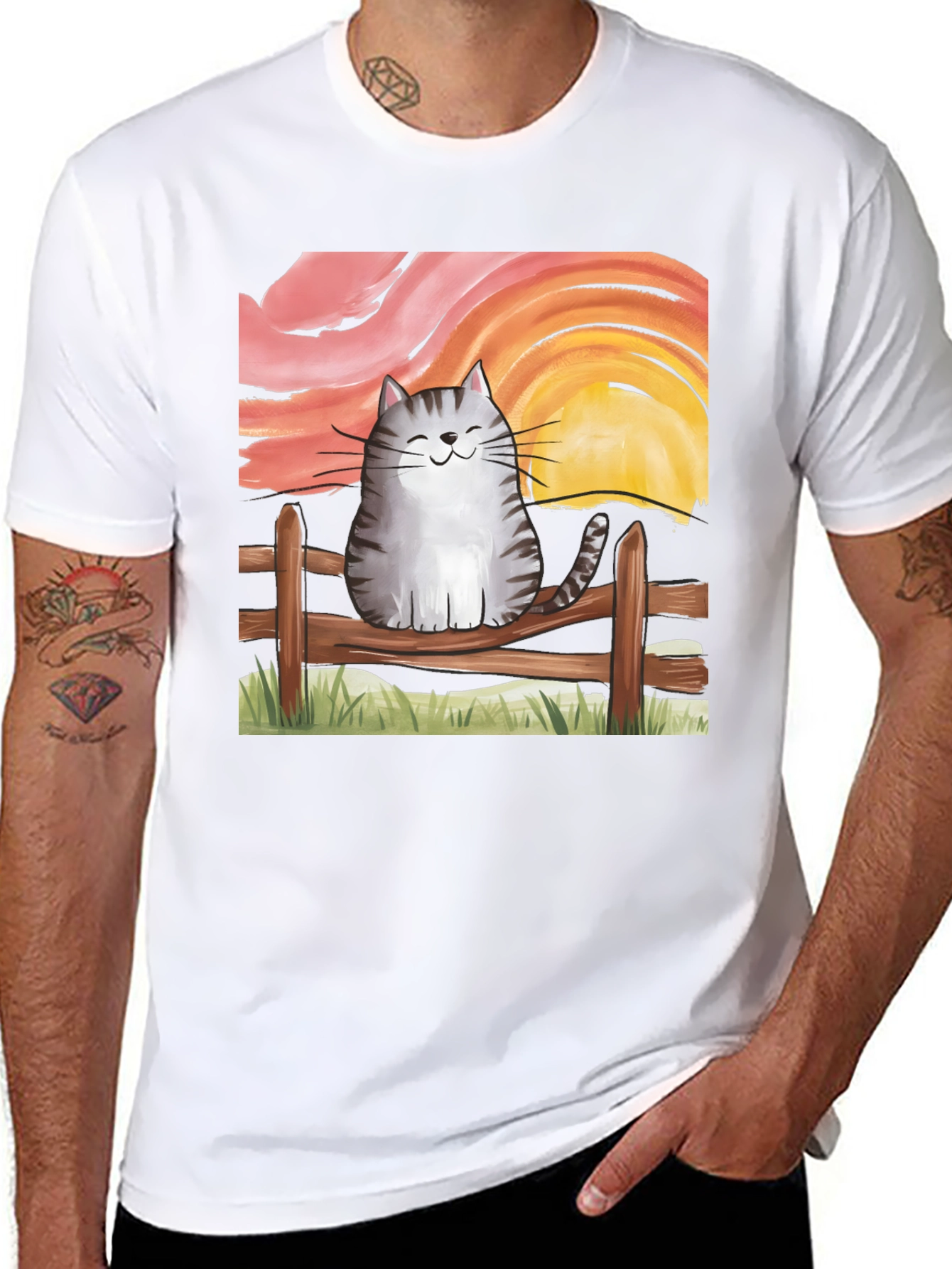 Cat on Fence Sunset Graphic Tee