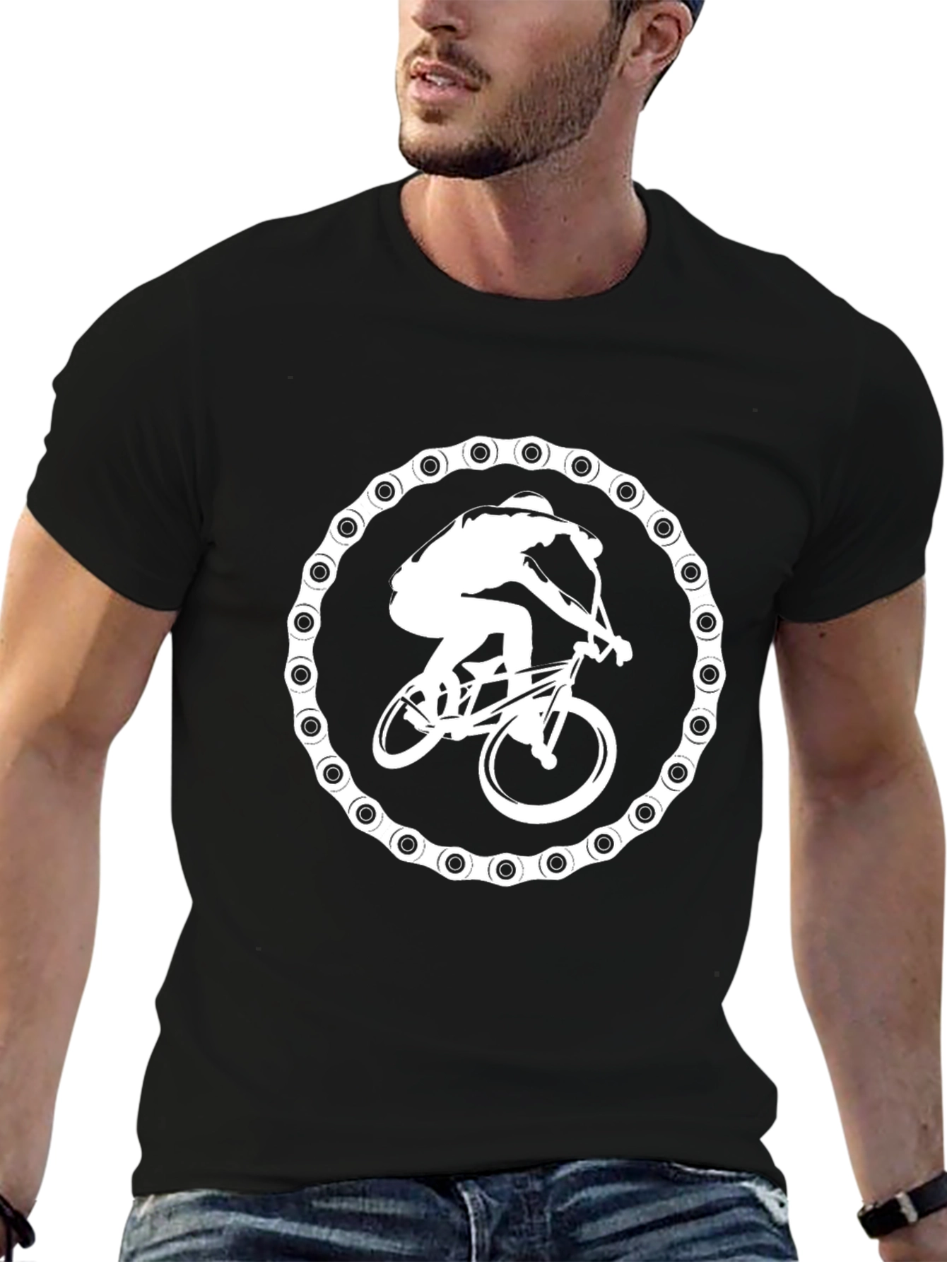 Biker Chain Graphic Tee - Black Cotton T-Shirt