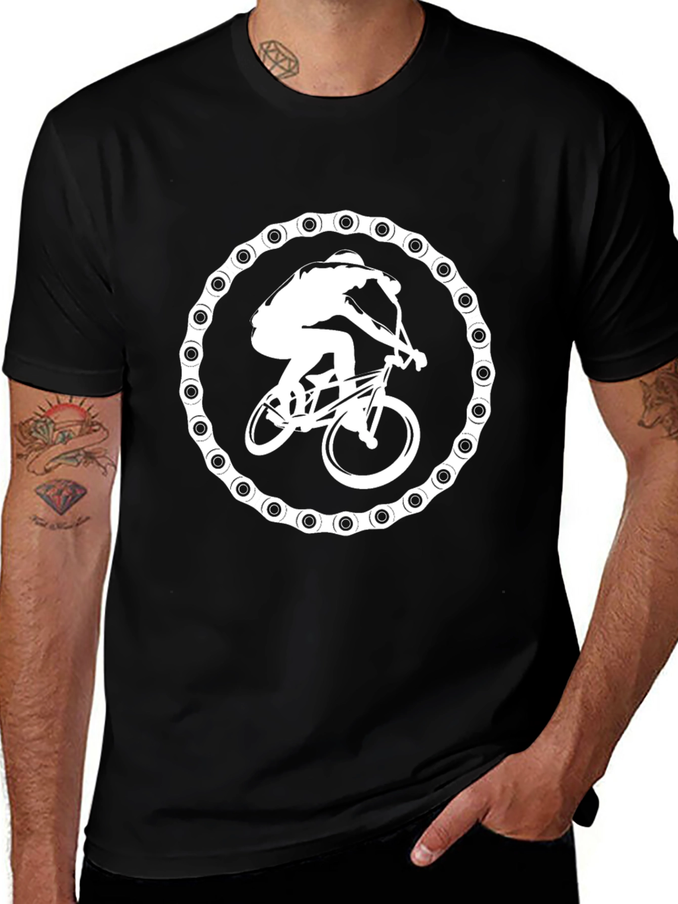 Biker Chain Graphic Tee - Black Cotton T-Shirt