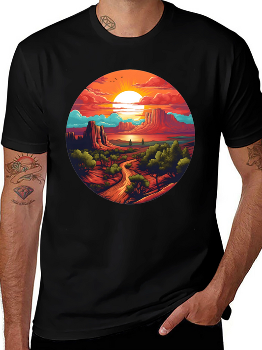 Desert Sunset Graphic Tee - Black Cotton T-Shirt