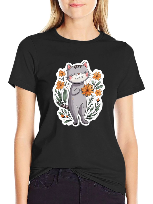 Cute Cat with Flowers Graphic T-Shirt
