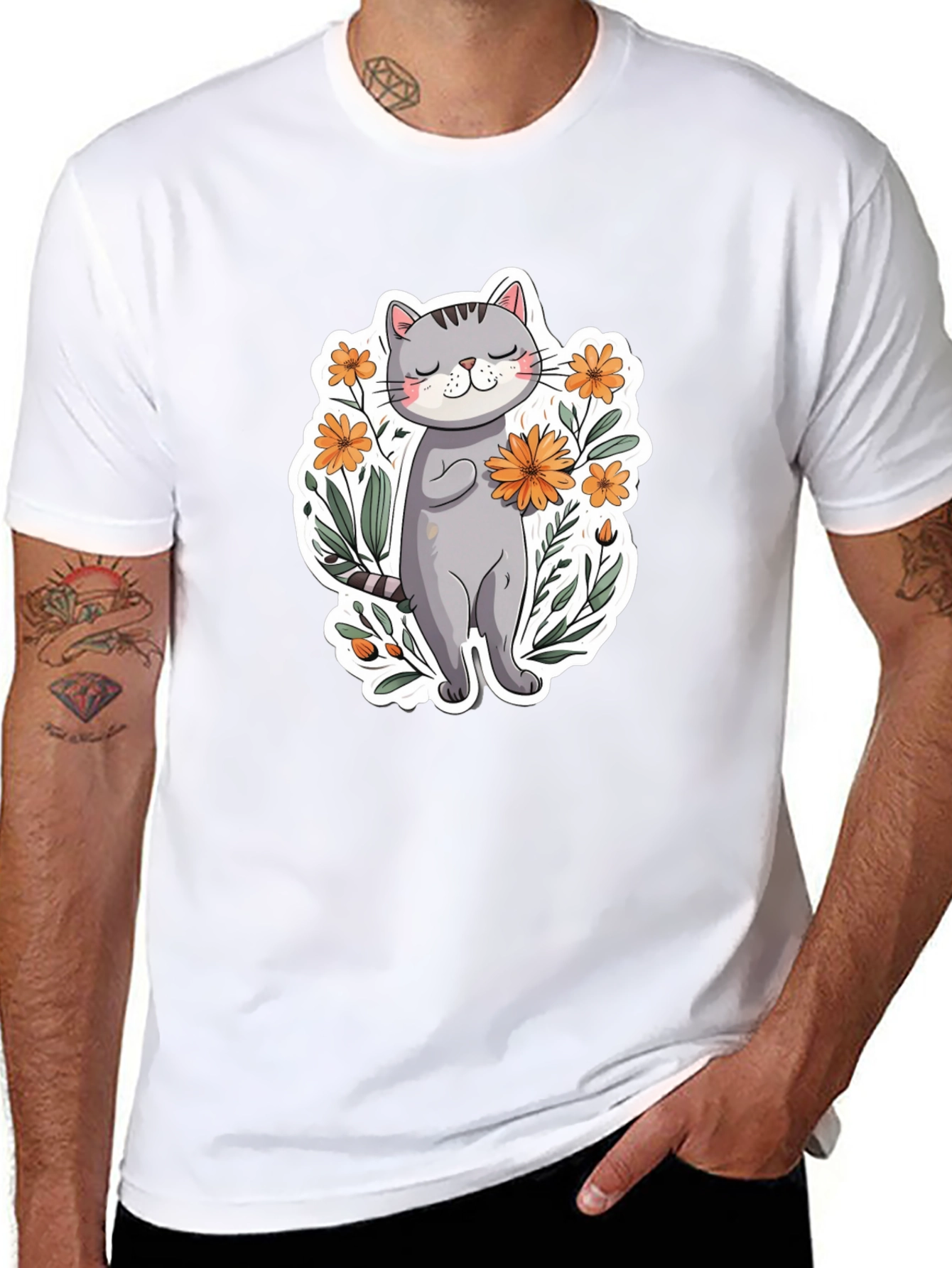 Cute Cat with Flowers Graphic T-Shirt