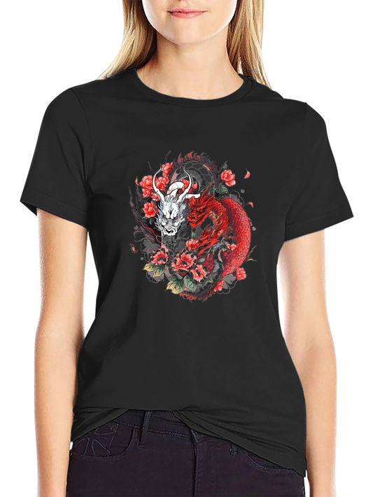 Dragon & Floral Graphic Tee - Black