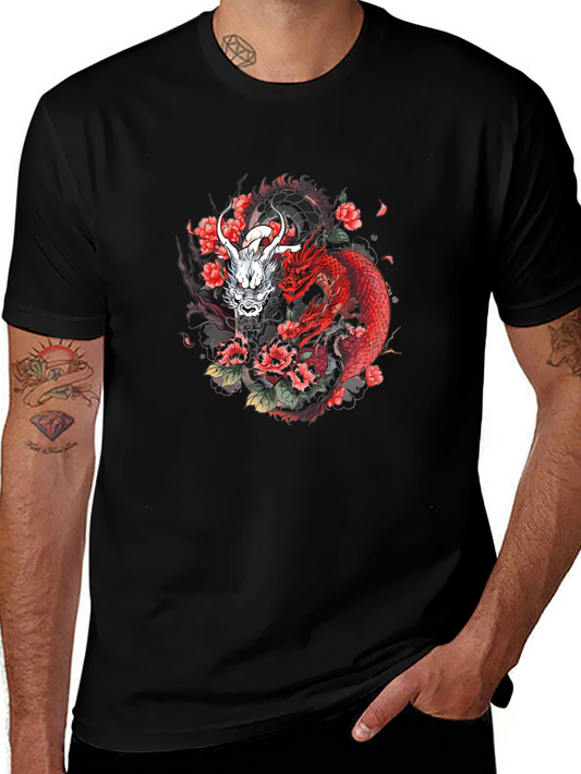Dragon & Floral Graphic Tee - Black