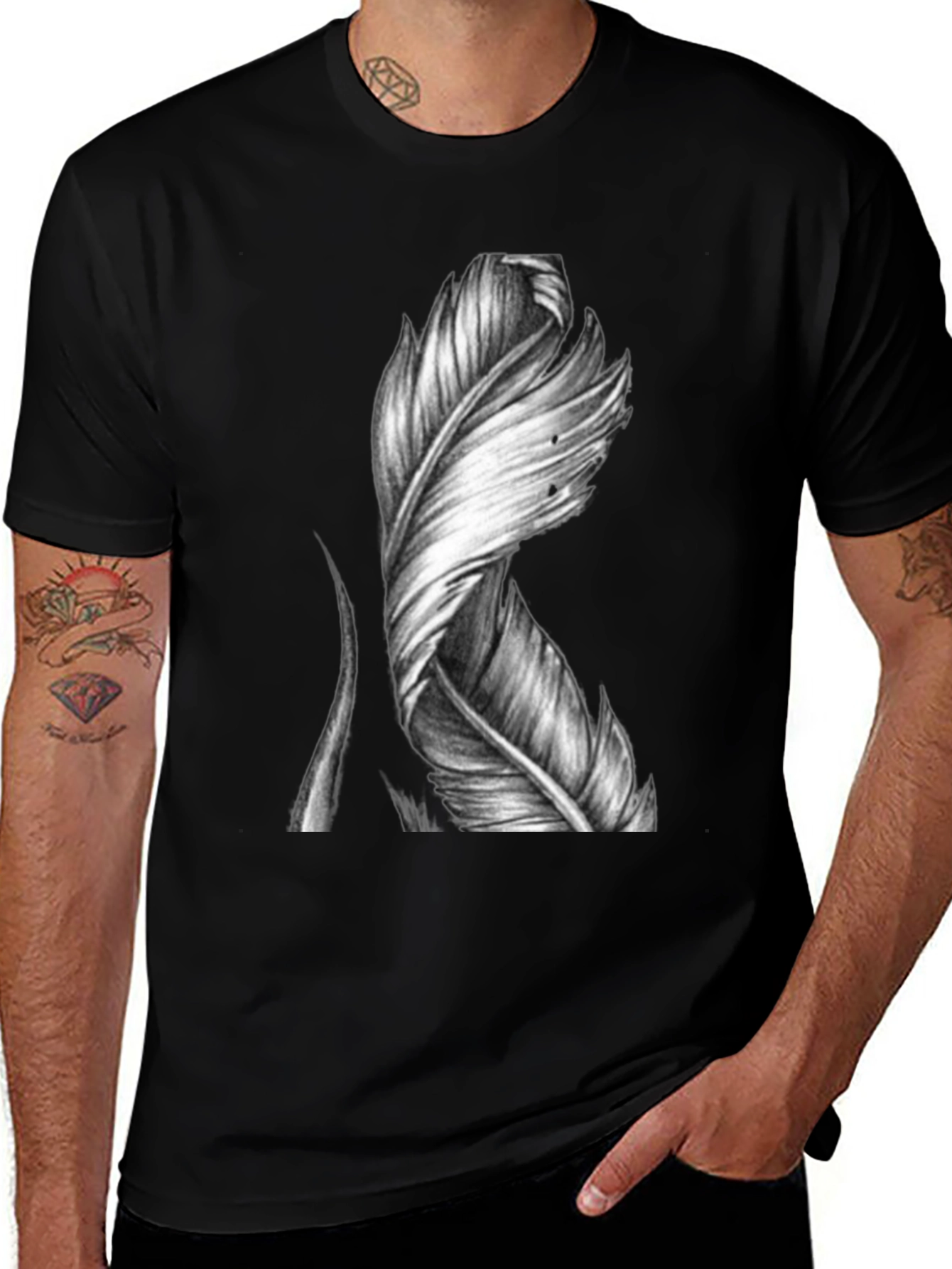 Feather Graphic Print Black T-Shirt