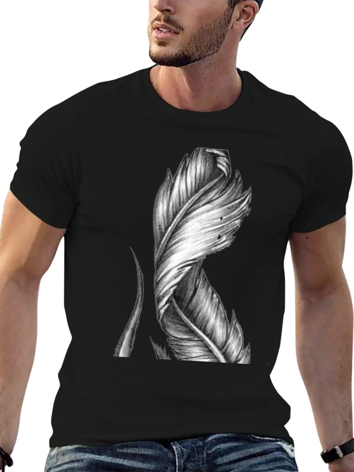Feather Graphic Print Black T-Shirt
