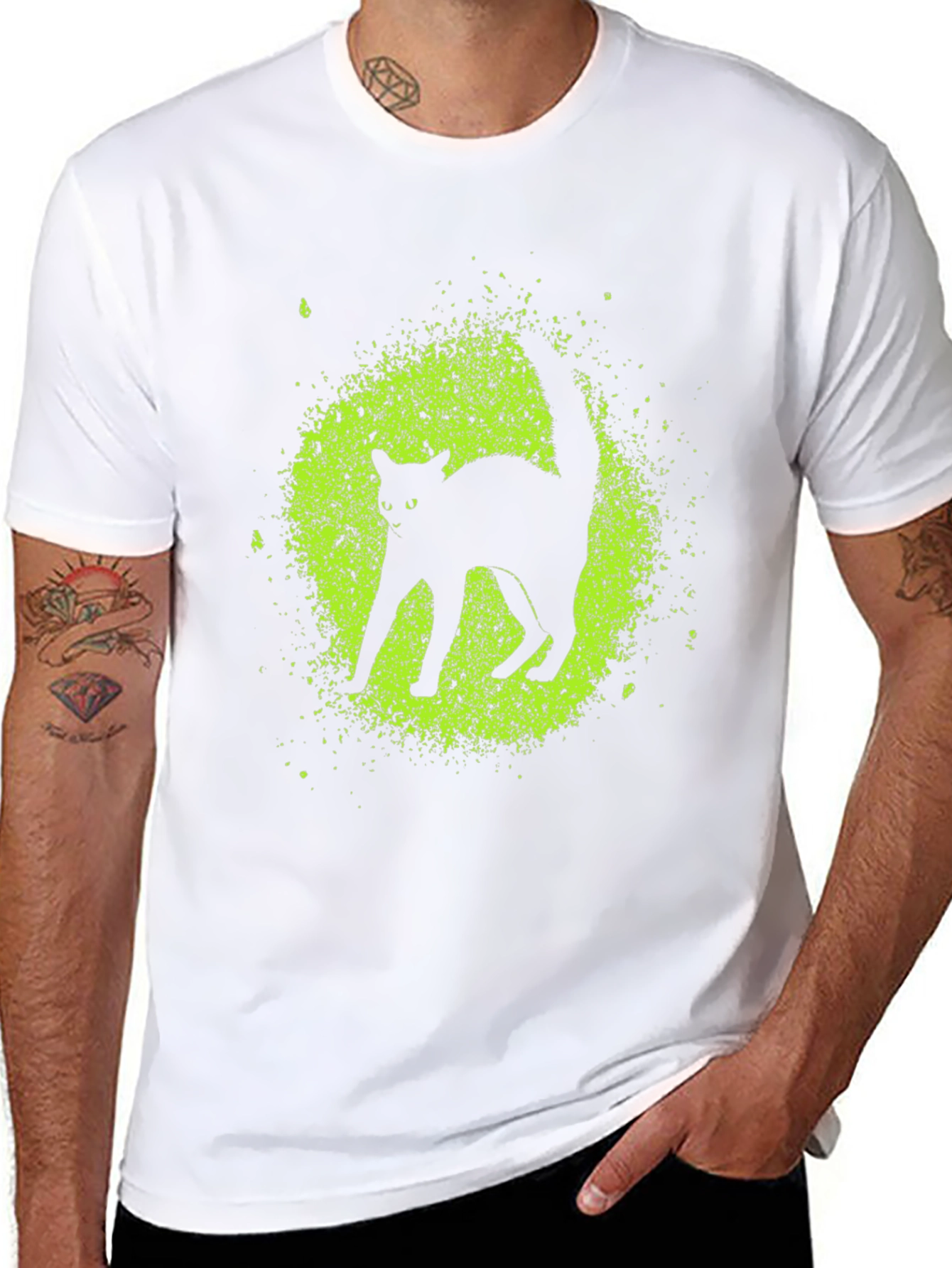 Black Cat Graphic Tee - Lime Green Splatter Design