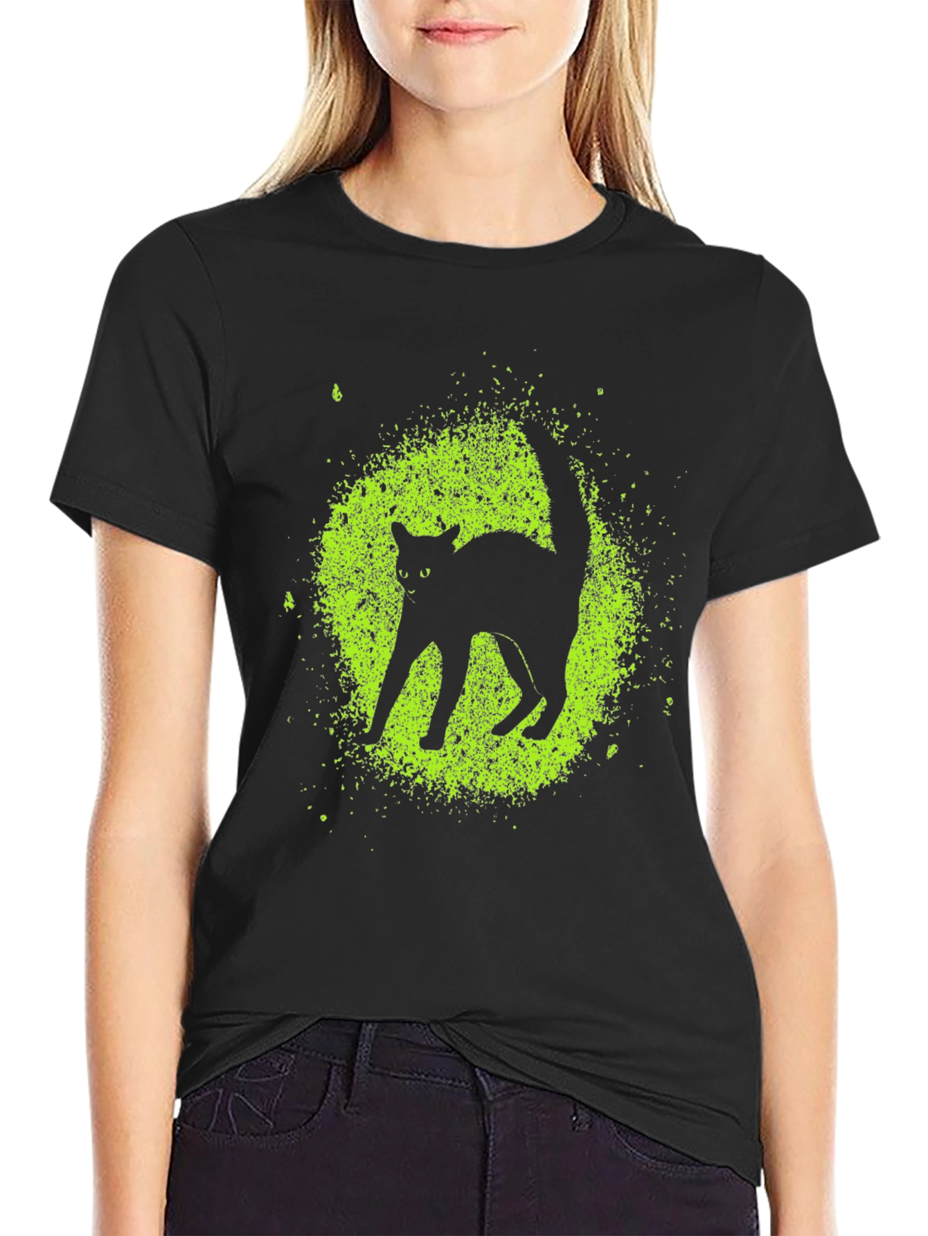 Black Cat Graphic Tee - Lime Green Splatter Design
