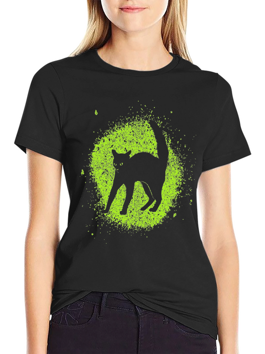 Black Cat Graphic Tee - Lime Green Splatter Design