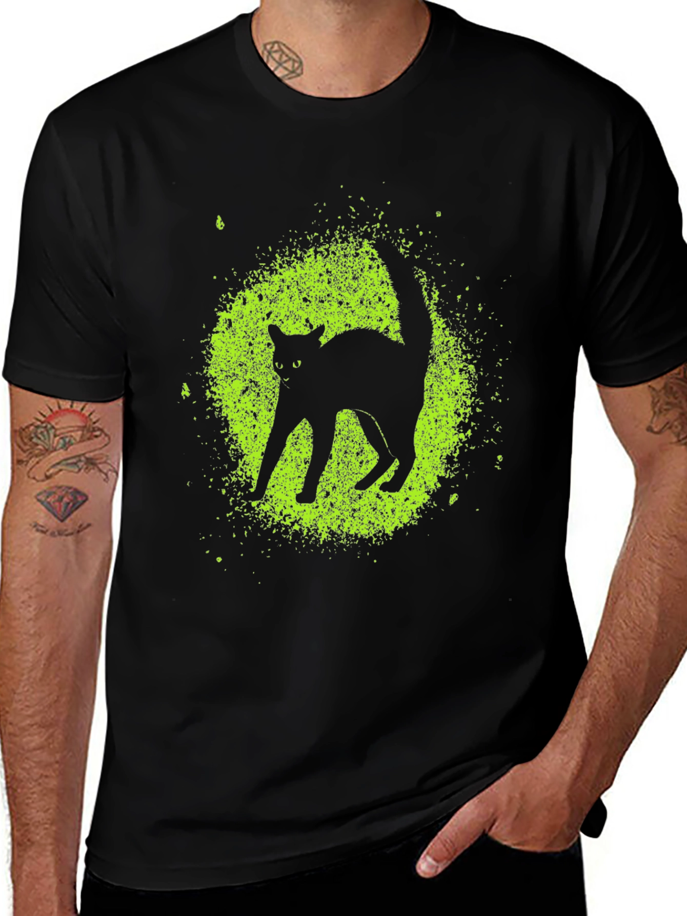 Black Cat Graphic Tee - Lime Green Splatter Design