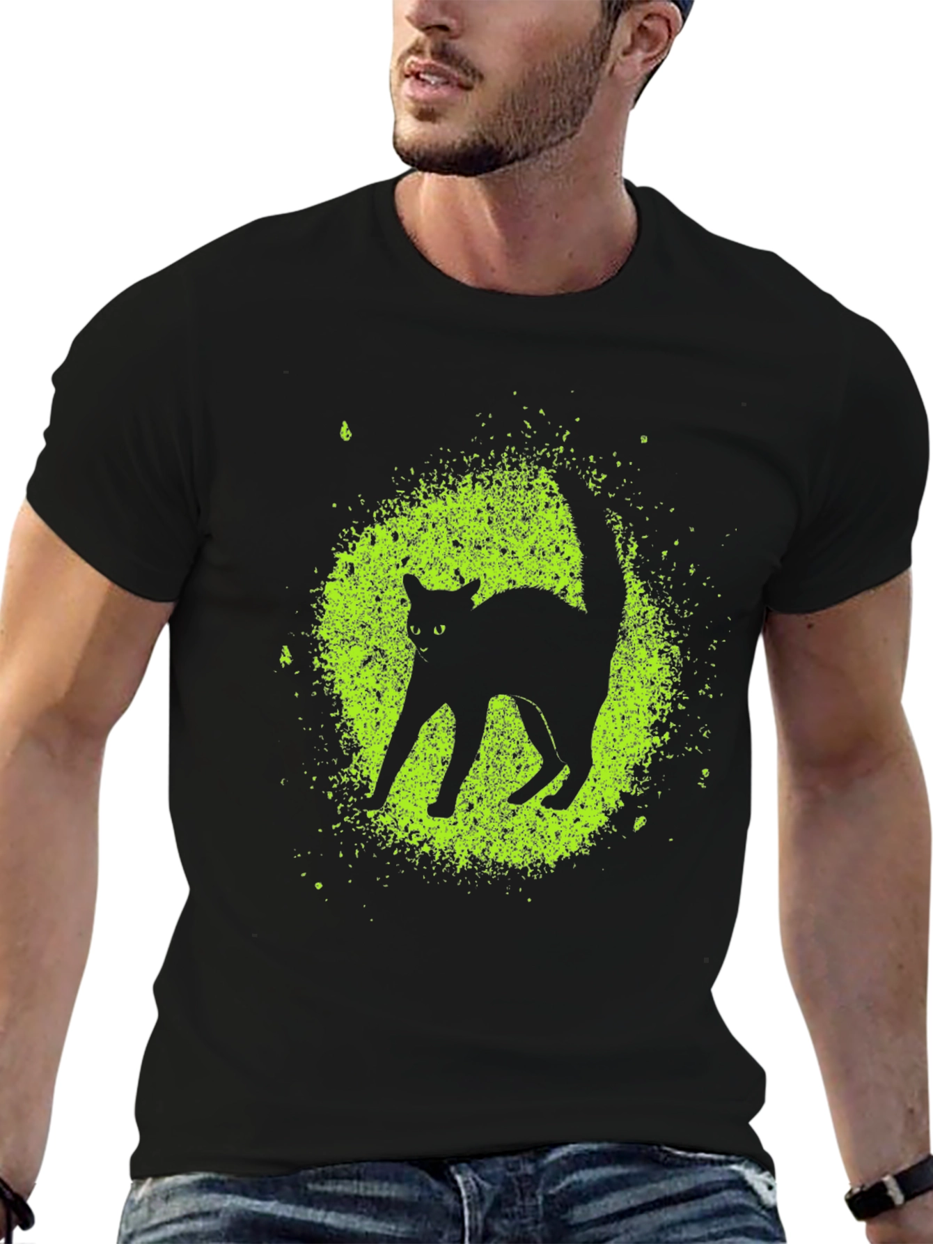 Black Cat Graphic Tee - Lime Green Splatter Design