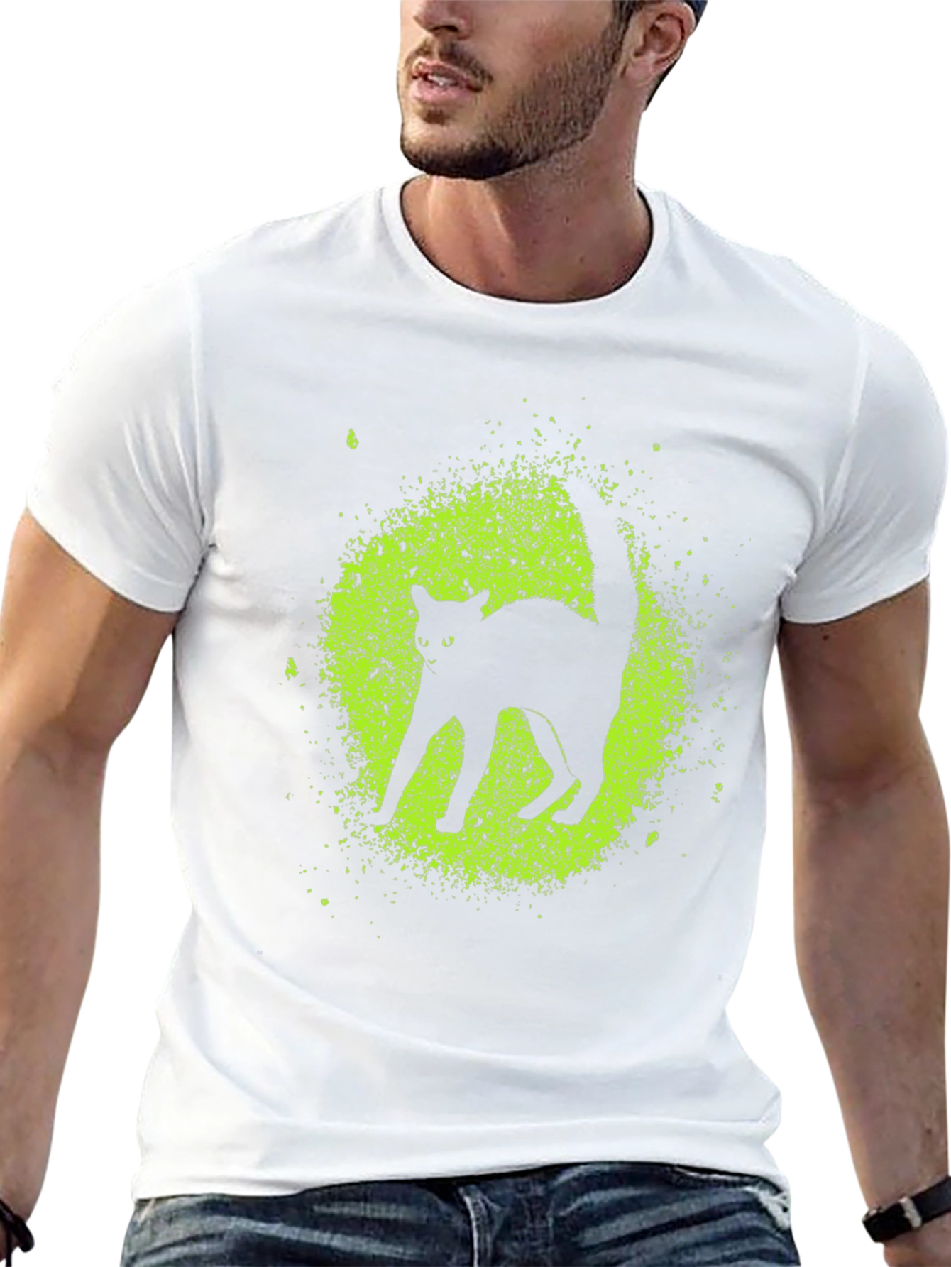Black Cat Graphic Tee - Lime Green Splatter Design