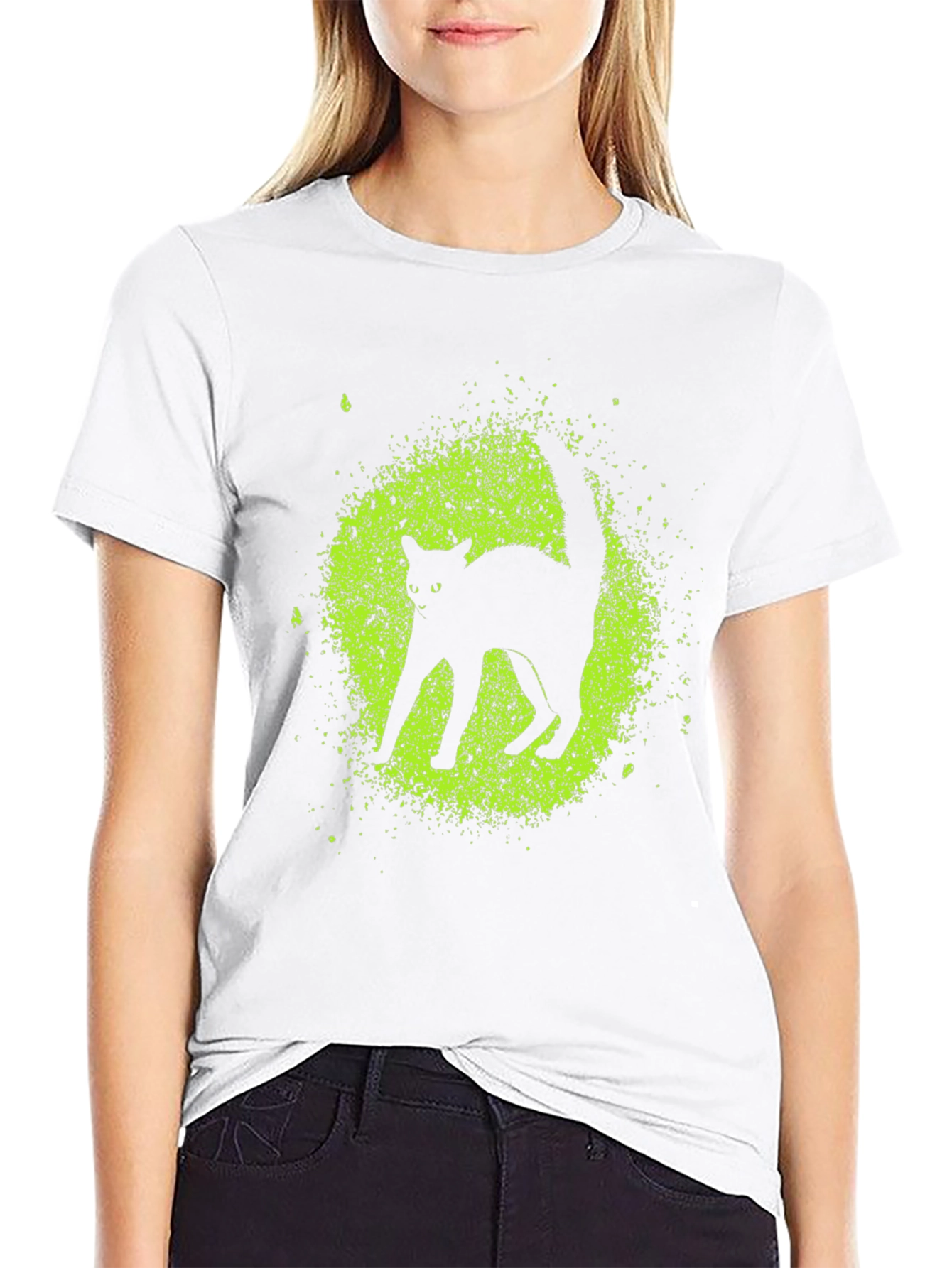 Black Cat Graphic Tee - Lime Green Splatter Design