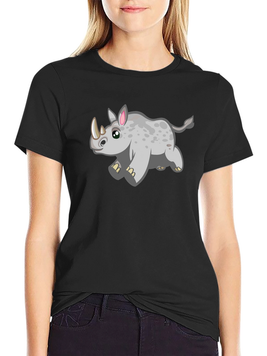 Cartoon Rhino T-Shirt - Black Cotton Tee