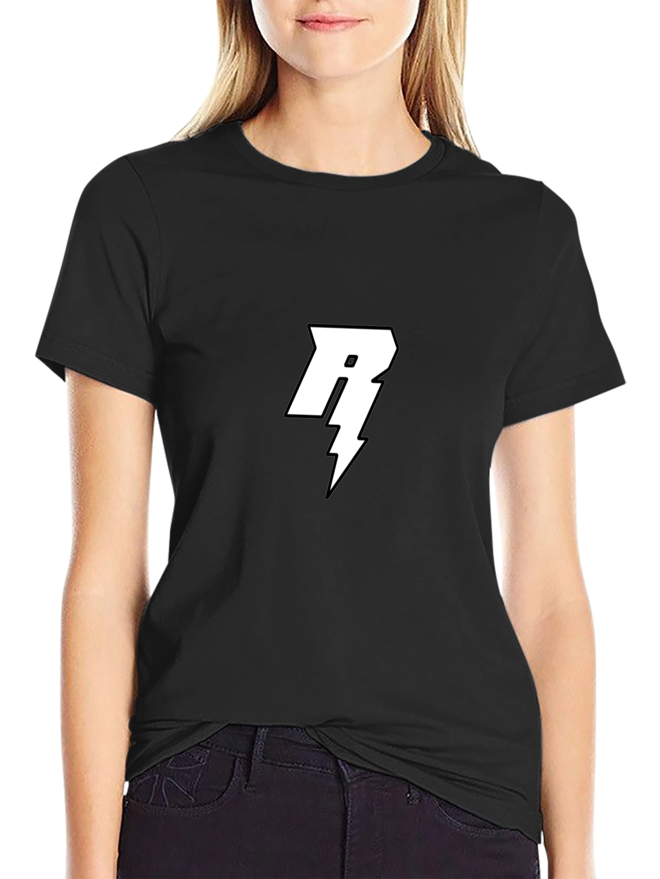 Black T-Shirt with White Letter R Lightning Bolt Design