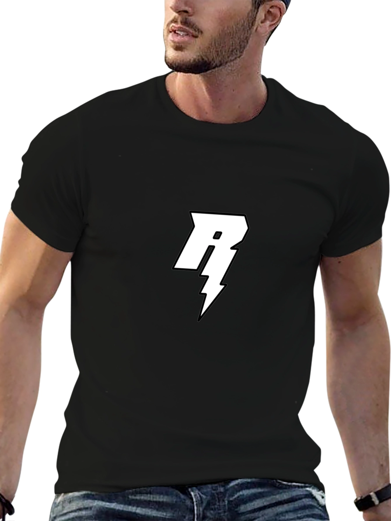 Black T-Shirt with White Letter R Lightning Bolt Design