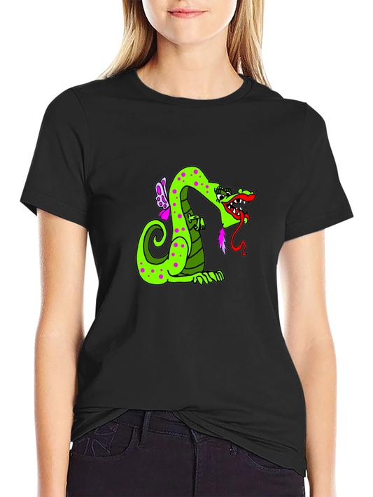 Green Dragon Cartoon Graphic Black T-Shirt