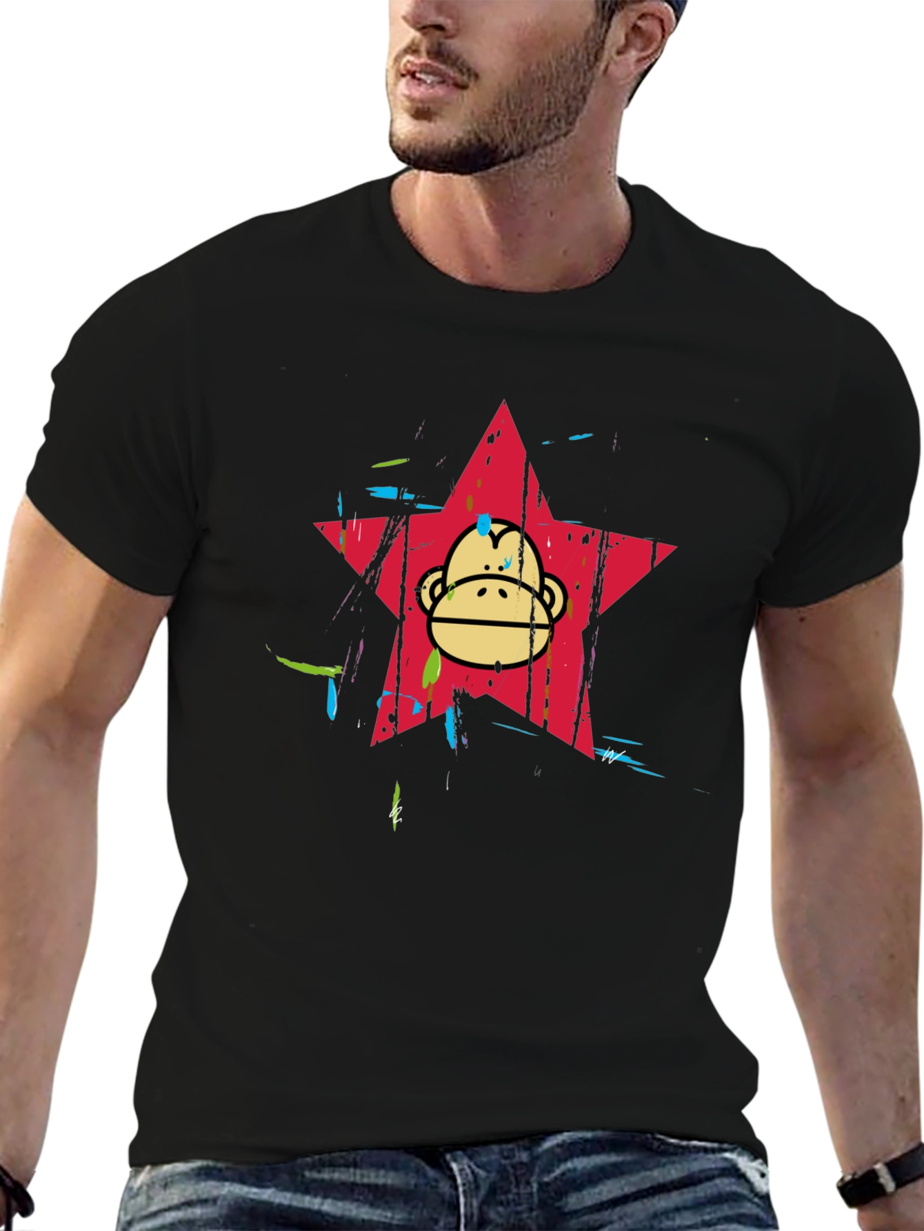 Funky Monkey Star Graphic Tee - Black Cotton Blend