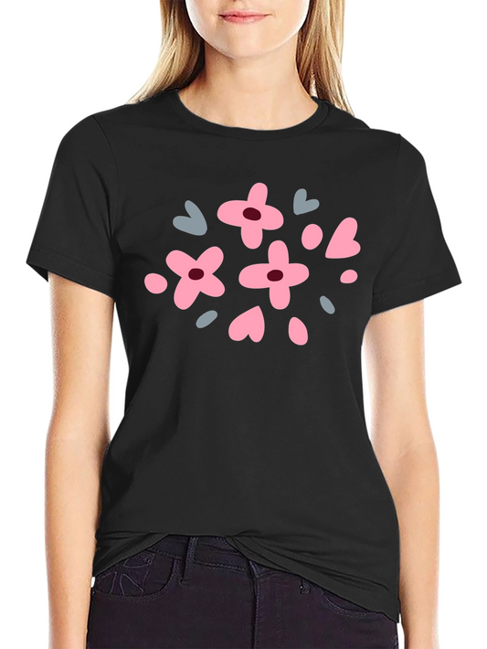 Floral & Heart Graphic Tee - Black